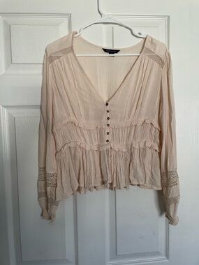 American Eagle Women's Small Blush Light Pink V-Neck Ruffle Button Front Blouse